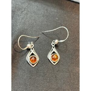 Vintage Sterling Silver Genuine Amber Drop Earrings Vintage